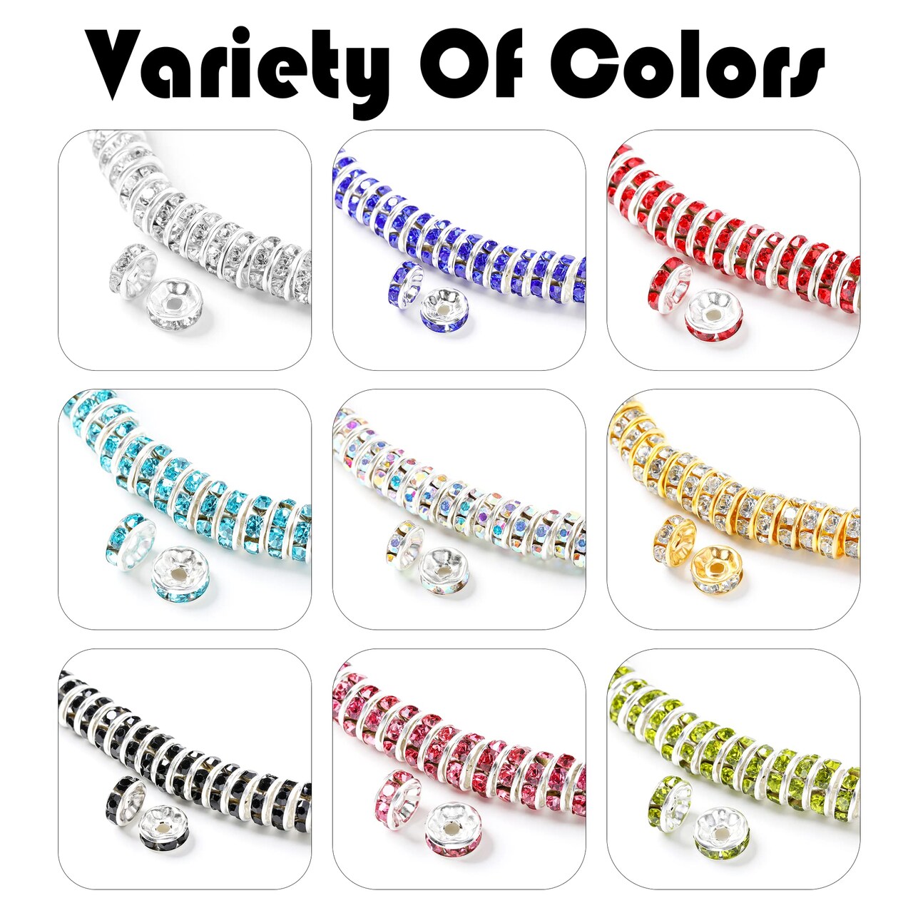 1080 Pcs 8mm Rhinestone Spacer Beads - Crystal Glass Beads for Jewelry Making, Available in 9 Colors, Ideal for Necklaces, Bracelets, and Pendants
